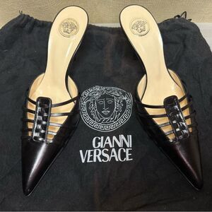 Versace by Gianni Versace Black Leather Mules Cut Out Heels 37.5 Vintage